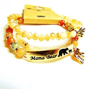 Goldtone Mama Bear with One Cub Beaded Bracelet